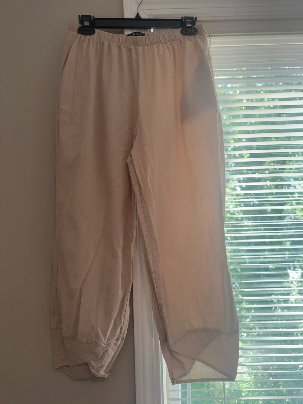 L-Retro Beige Wide Leg Pants Size L Boho Linen Look Elastic Waist Pockets